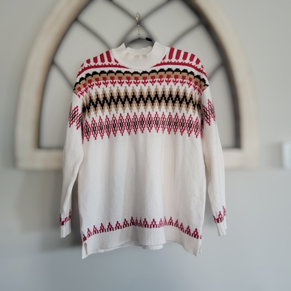 Ann Taylor LOFT Fair Isle Mock Neck Tunic Ski Sweater, size L, Whisper White - Picture 4 of 7